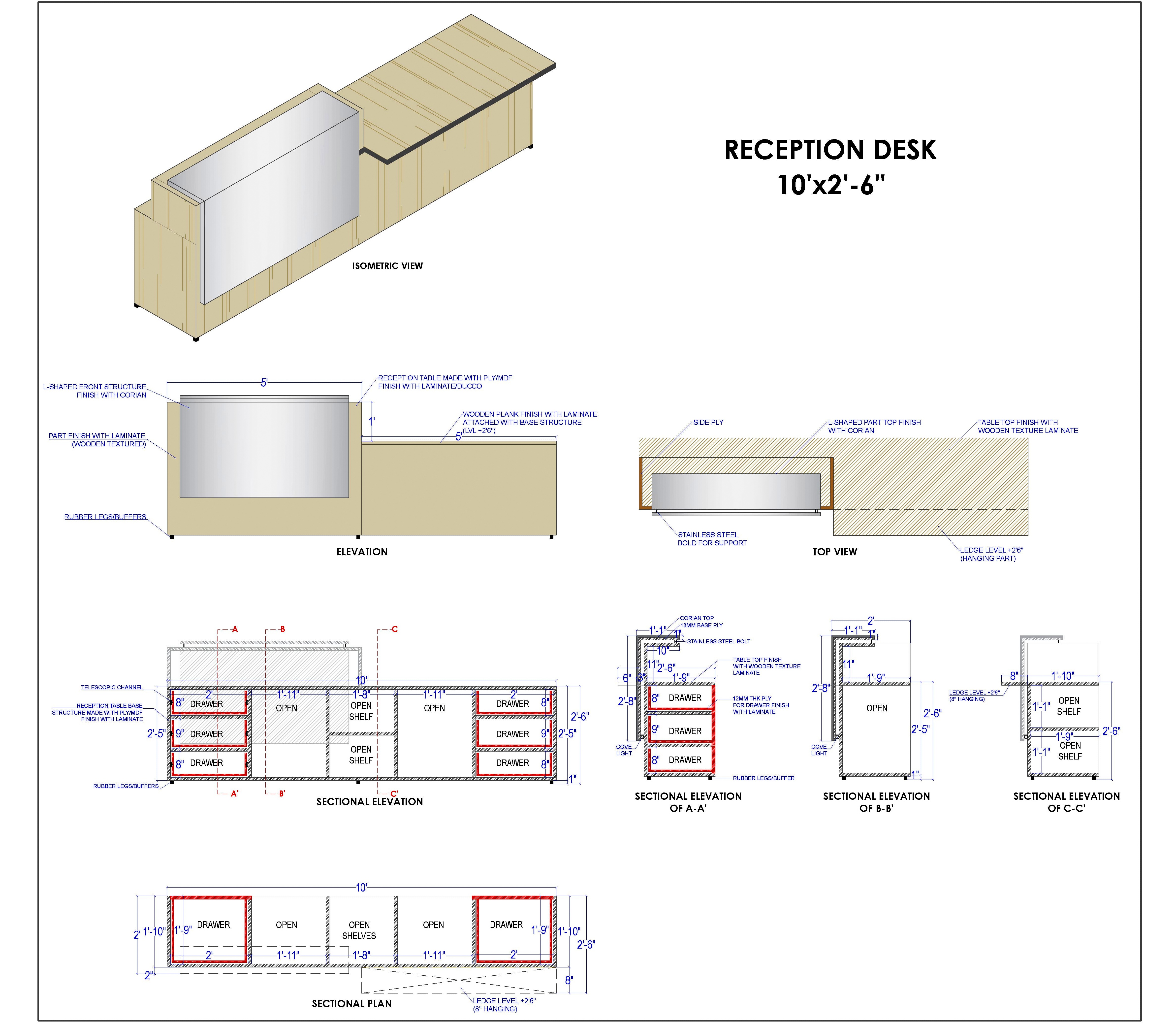 Reception Desk Elevation and Section Details- AutoCAD DWG